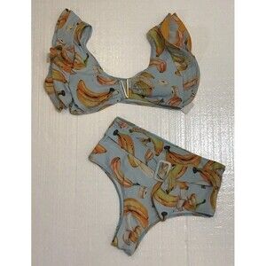 SPORLIKE Banana Print High Waisted Bikini Blue Yellow Large NWT